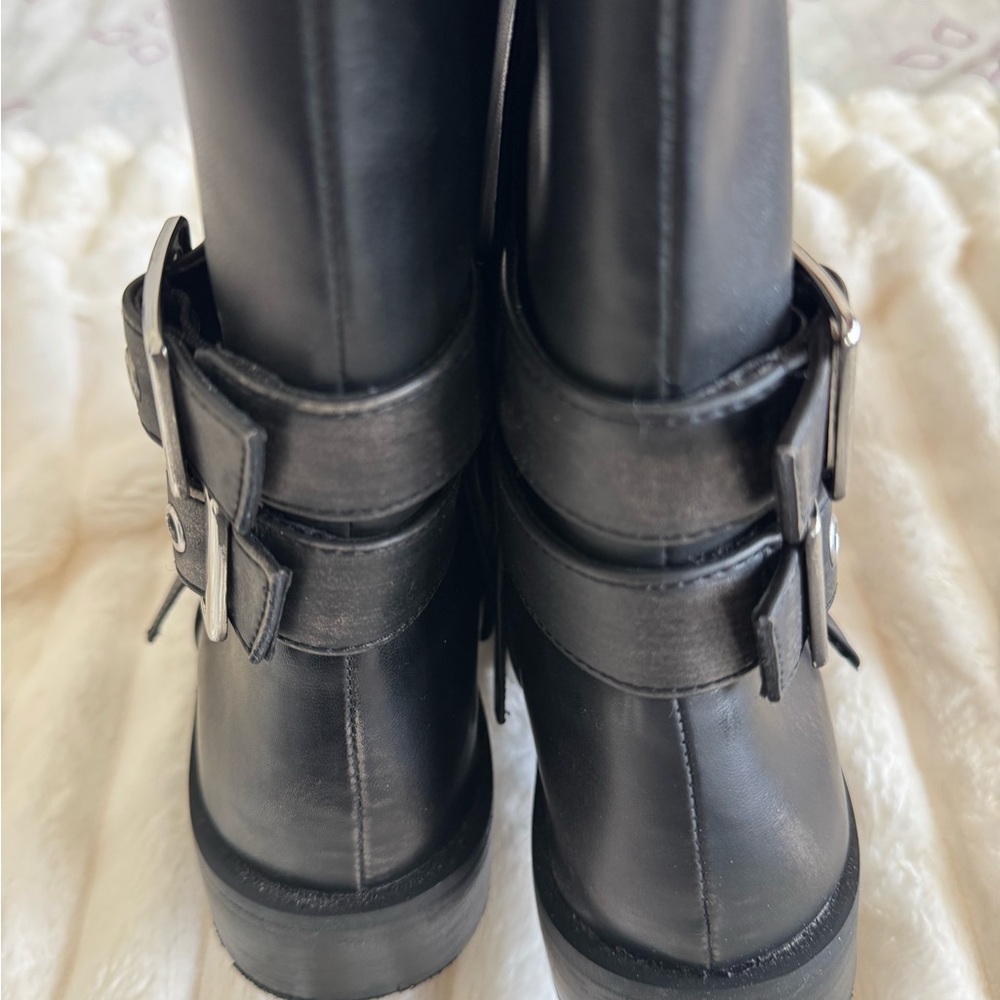 Steve Madden Black Leather Buckle Up Mid-Calf Boots - Picture 4 of 8